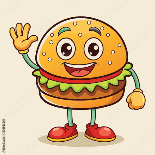 Cartoon hamburger mascot waving hand expressing joyful greeting vector illustration. hamburger, burger, cartoon, mascot, character.