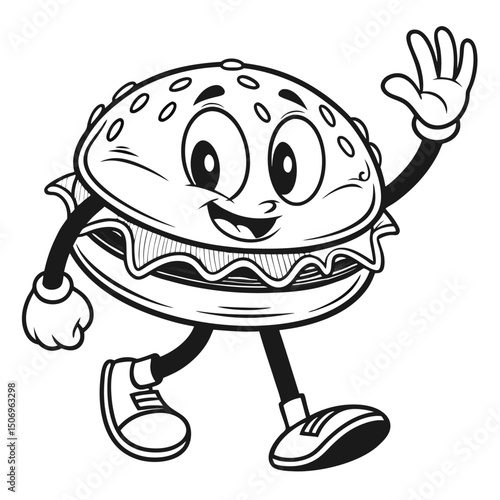 Happy waving burger cartoon character illustration for menu design and branding elements. burger, hamburger, cartoon, character, mascot.