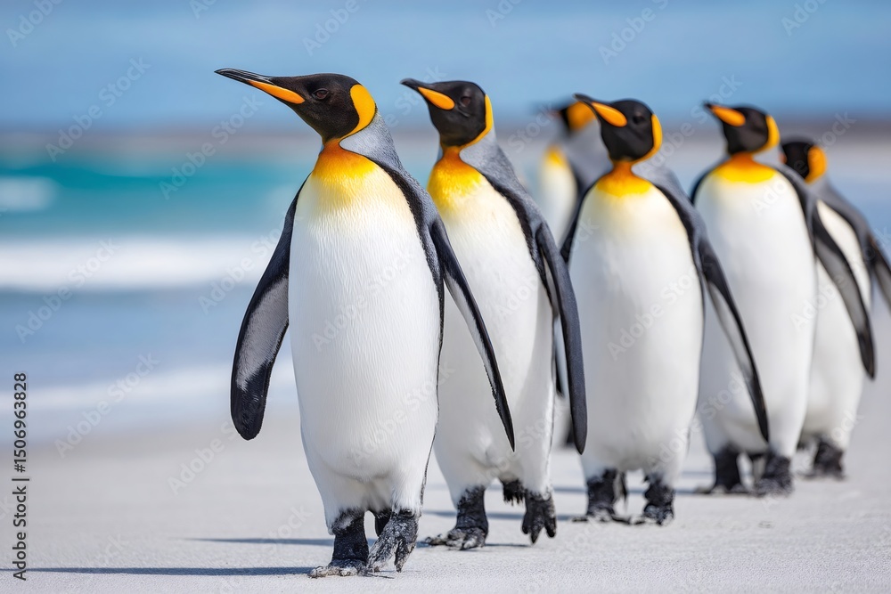 Fototapeta premium King penguins walking on sandy beach near ocean waves