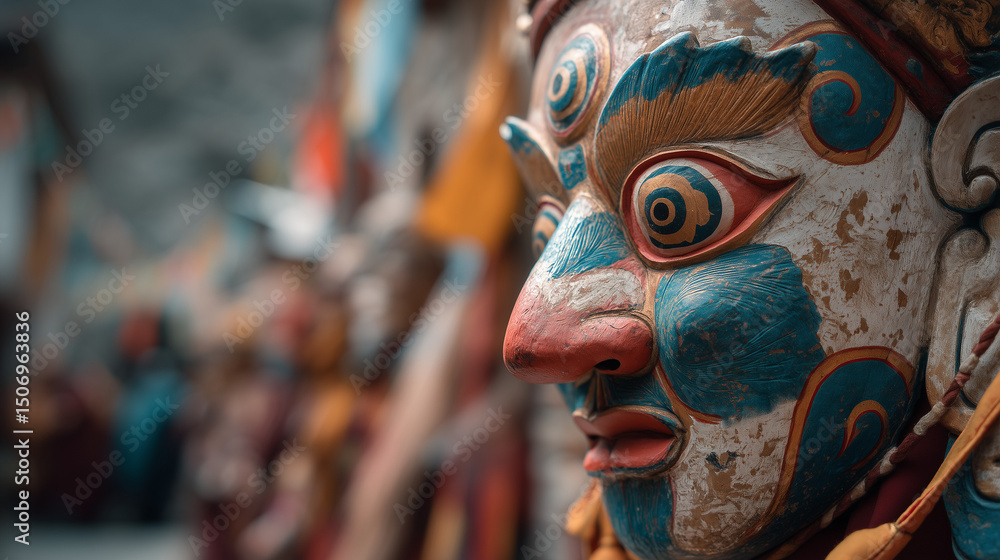 Close-Up of Traditional Mask at Hemis Festival in Ladakh – Sacred Tibetan Buddhist Dance Rituals and Ancient Cultural Expressions Celebrated in the Indian Himalayas Close-Up of Traditional Mask at Hemis Festival in Ladakh – Sacred Tibetan Buddhist Dance Rituals and Ancient Cultural Expressions Celebrated in the Indian Himalayas