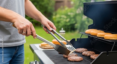 Fotografía Person grilling burgers and sausages on an outdoor gas barbecue