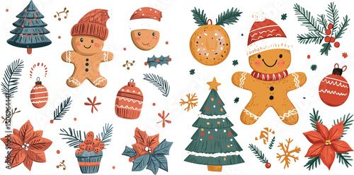 Christmas gingerbread cookies and decorations isolated on white background