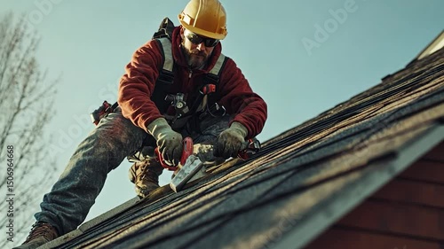 Roofer securing shingles on a roof with pneumatic nailer during house construction