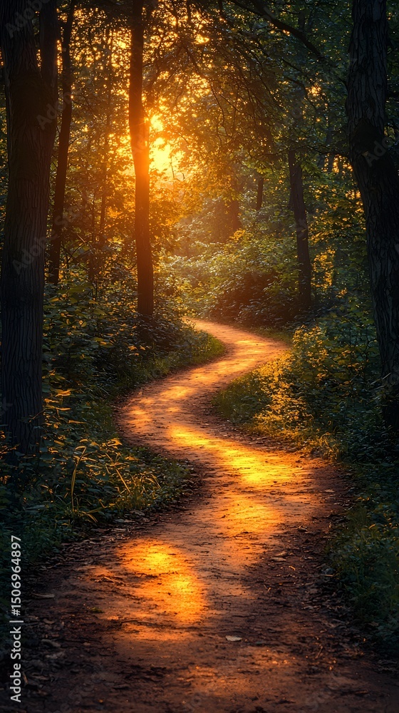 Fototapeta premium Sunlight Filtering Through Forest Trees at Sunset