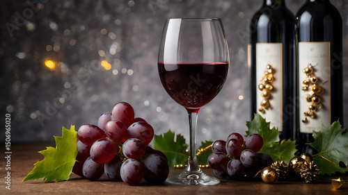 Red Wine Glass with Grapes and Festive Decorations 