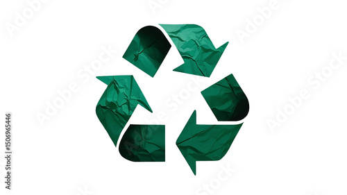 Green recycling symbol with crumpled paper texture - Isolated Transparent Background PNG