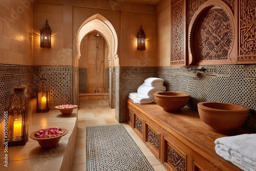 Relaxing hammam spa interior design with moroccan tiles and lanterns illuminating warm ambiance