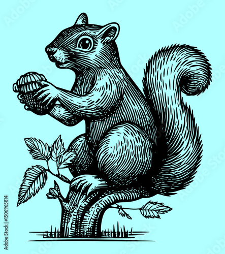 Detailed Engraving of Squirrel Holding Acorn in Black and White