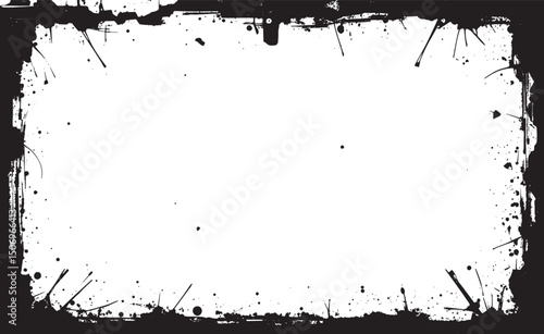  A creative grunge-style black ink splatter border on a white background, perfect for frames, artistic projects, or abstract digital designs, providing a rugged