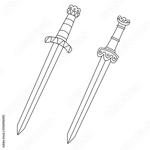 Hand drawn Roman gladius sword set illustration. Black outline vector with classic short double-edged blades and ornate hilts, perfect for coloring and historical themes.