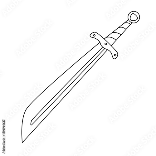 Falchion sword with a curved tip and broad blade, hand drawn in black outline style. Ideal for coloring pages, historical weapon sets, or fantasy-themed designs