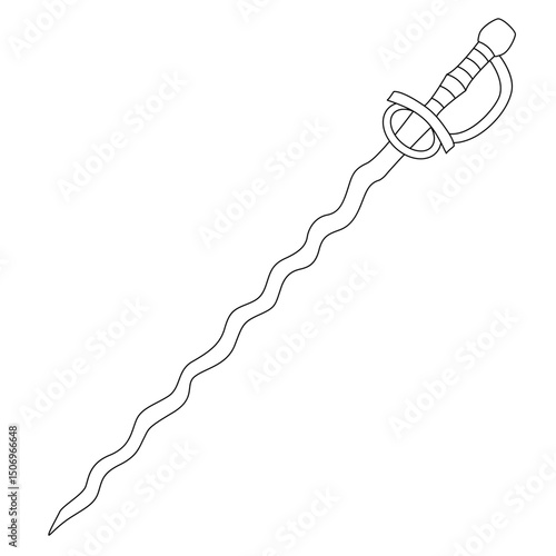 Flamberge sword with flame-like wavy blade and protective knuckle guard, hand drawn in black outline style. Great for coloring pages, medieval weapon sets, and fantasy-themed projects.