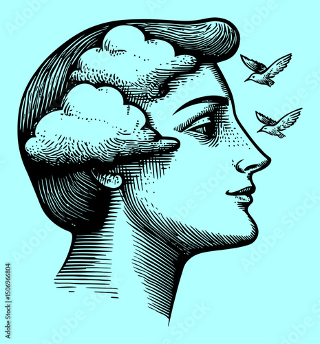 Engraving of a Woman's Profile with Clouds and Birds Art Design