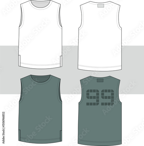 Men's basic Tank Top template. Hip Hop, uniform, college, baseball, basketball oversize top fashion flat sketch illustration, front and back view. cad, mockup.