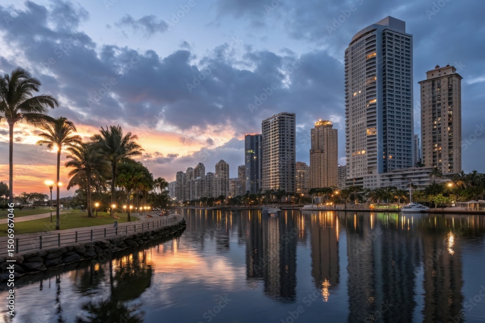 Fototapeta premium Sunset reflection over city skyline and calm water