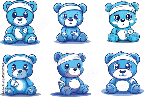 Collection of injured blue teddy bears isolated on white background