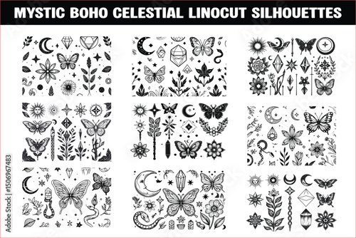 Mystic Boho Celestial Clipart | Linocut Silhouettes 