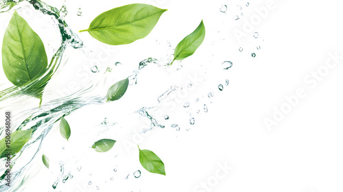 Green leaves with water splash on a white background