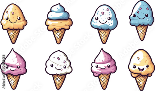 Assorted cartoon ice cream cones isolated on white background