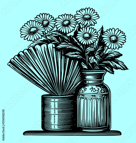 Vintage Engraving of Flowers and Decorative Fan in Black and White