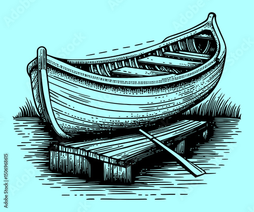 Detailed Linocut Engraving of a Classic Wooden Boat on a Dock