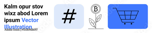 metadata tag, sprouting plant with Bitcoin coin, and shopping cart emphasizing digital interaction, crypto investment, and e-commerce. Ideal for social media, blockchain, online business, fintech