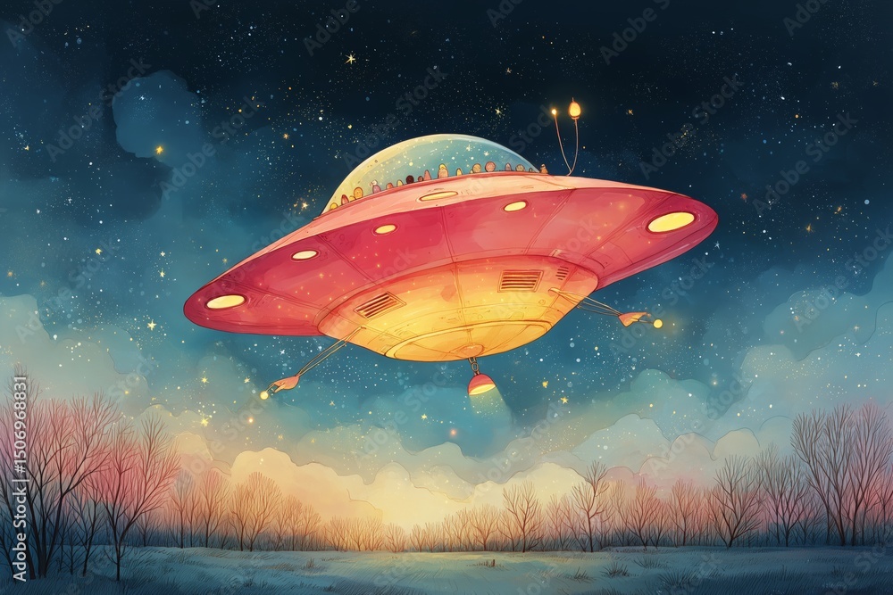 Obraz premium A vibrant spaceship hovers above rolling clouds in a star-filled night sky. The craft emits a warm glow, creating a magical atmosphere. The serene landscape adds to the enchanting view.
