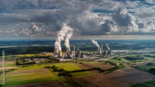 Aerial view of a power plant emitting smoke near fields under cloudy sky