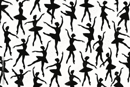 Ballet dancer silhouettes seamless pattern background. Classical dance performers in graceful poses tutus. Black vector silhouettes dancing movement. Elegant ballet performance pattern design