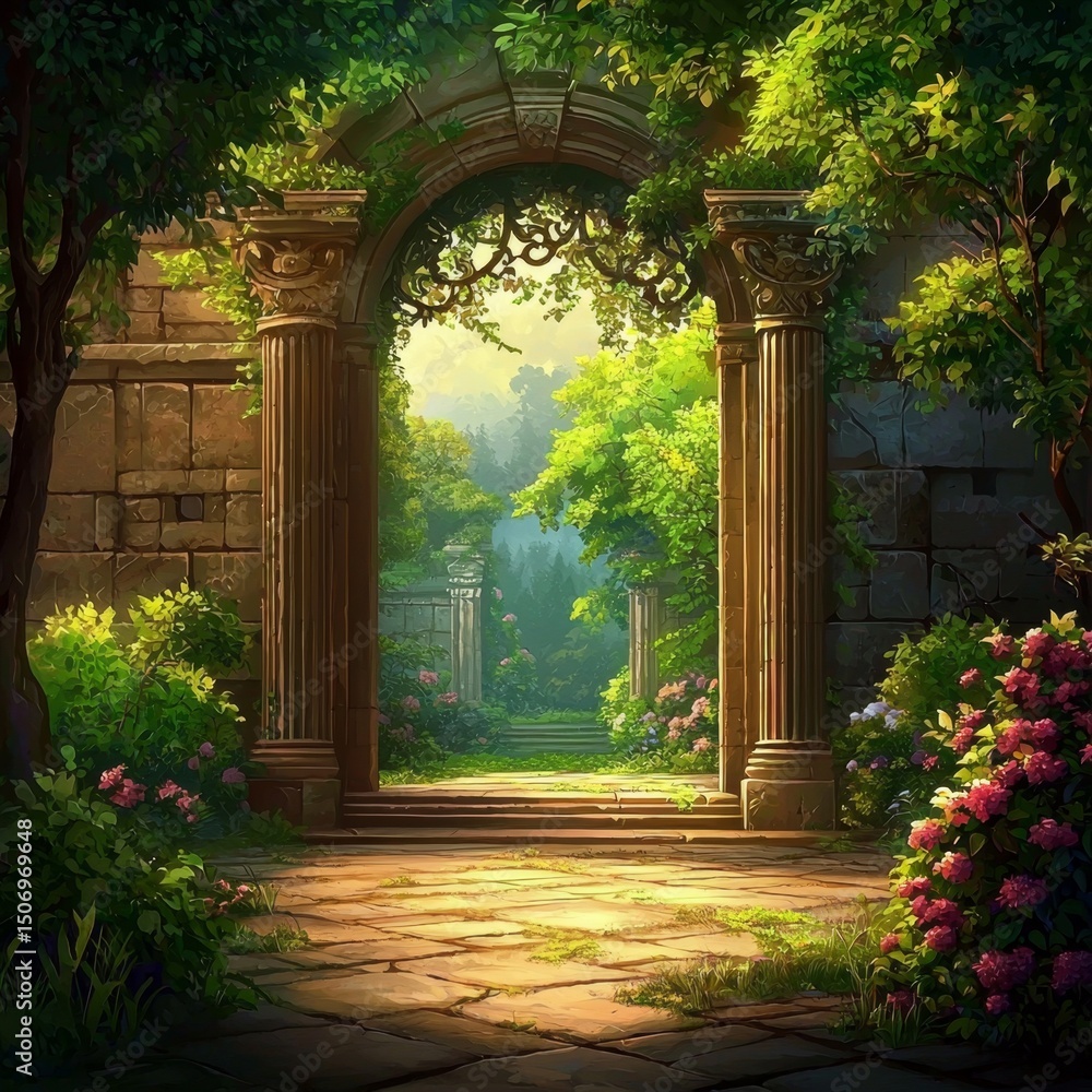 Fototapeta premium A mesmerizing portal within a verdant landscape.
