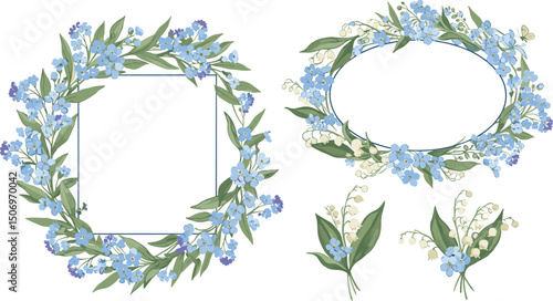 Blue forget-me-nots, white crocuses, lilies of the valley, forest greenery, dried grass and butterflies. Watercolor set of frames and bouquets suitable for wedding invitations, cards,