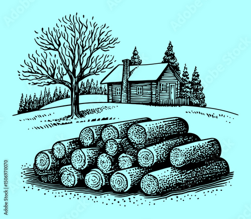 Rustic Cabin and Woodpile Engraving in Nature Scene Vector Design