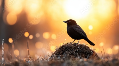 In this striking image, a black bird stands on its nest, beautifully silhouetted against a vivid sunset backdrop that signifies nature’s beauty and tranquility at dusk.