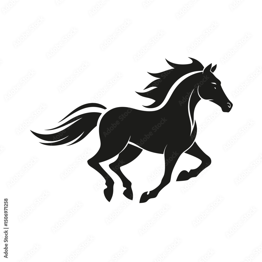 Running Horse Silhouette Black Stallion Outline with Flowing Mane & Tail Design Running Horse Silhouette Black Stallion Outline with Flowing Mane & Tail Design