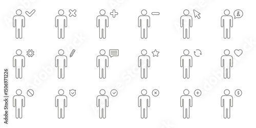 Human Interaction And Status Icons Set. User Engagement, Profile Management, And Social Interaction Outline Symbol Collection. Editable Stroke. Isolated Vector Illustration