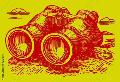 Engraving of Classic Binoculars on a Scenic Landscape Background