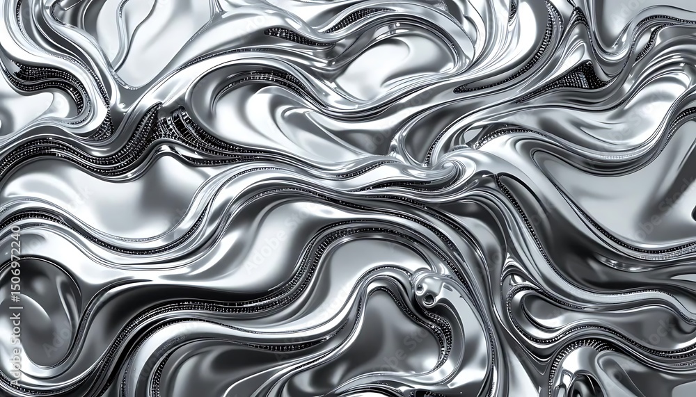 Fototapeta premium Close-up of a flowing, swirling, and reflective liquid metal texture