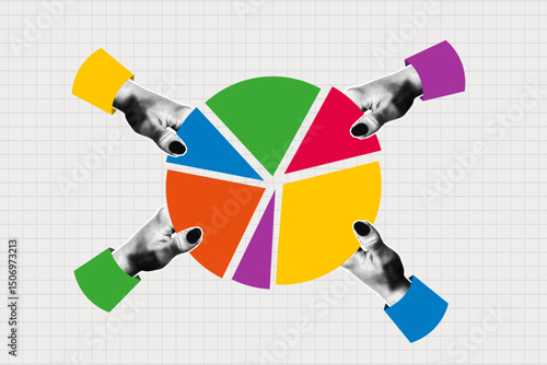Halftone hands holding pie chart diagram parts in different color. Collage design of business data graph or market share. Collage halftone arms  and circular diagram. Vector.