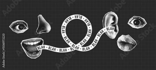 Collage banner with composite halftone faces, mouth speaks into ear and strip with text - blah blah. Сombined collage of abstract faces gossiping. Concept of secret, communication. Vector.