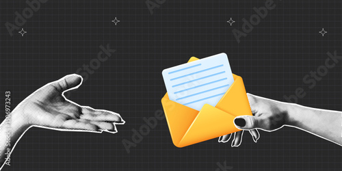 Collage banner with halftone hand passes letter to recipient. Hand holding 3d envelope and gives it away. Concept of new message, email, mailing list. Collage halftone design. Vector.