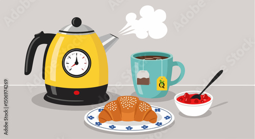 A warm and inviting breakfast setup featuring a steaming yellow kettle beside a fragrant cup of tea. Flaky croissants rest on a plate alongside a vibrant bowl of strawberry jam
