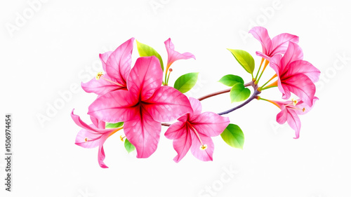Artistic depiction of vibrant pink azalea flowers with green leaves on a white background