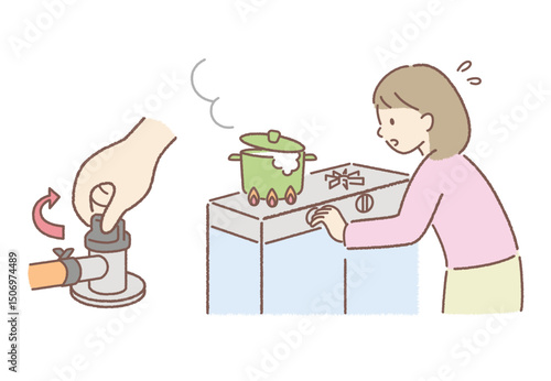 地震時にガスの元栓を閉める女性