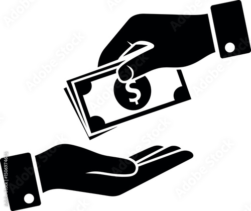 Financial Transaction Icon: A simplified, high-contrast image of two hands interacting in a financial transaction, one dispensing, the other receiving currency. Evoking concepts of exchange, payment.