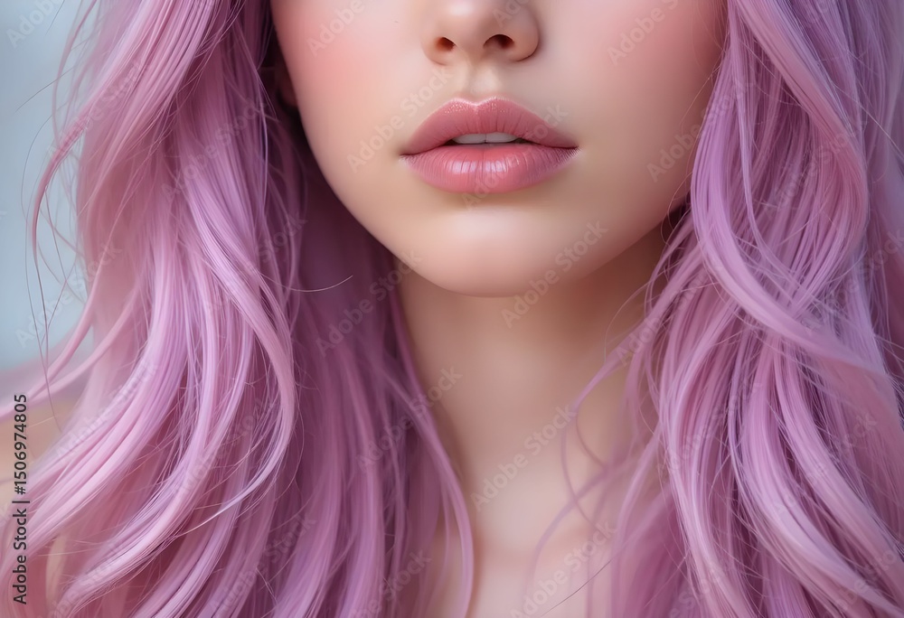 Naklejka premium Close-up of a young woman with vibrant pink hair flowing naturally, featuring smooth skin and a subtle makeup look.