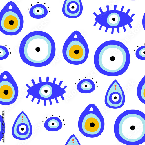 Blue turkish evil eye seamless pattern. Greek magic astrology design. Vector background