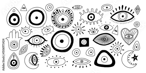 Doodle Eye Greek Turkish Evil Set. Nazar Bead Icon Amulet Collection. Vector Doodle Illustration