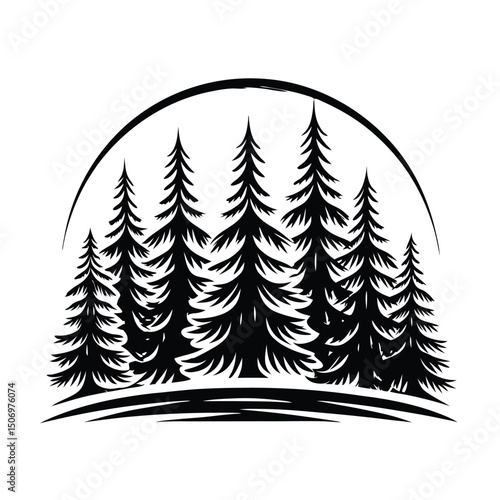 Stylized Pine Trees Silhouette Forest with Arch Design Element Landscape