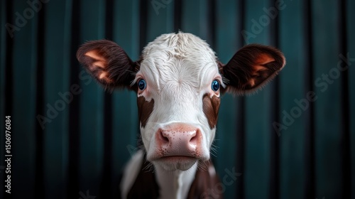 A charming portrait of a young calf, with bright blue eyes and a playful demeanor, captivatingly gazing into the camera against a textured backdrop, evoking feelings of warmth.