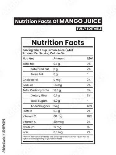 Mango Juice Nutrition Facts – Healthy Drink Label Vector for Food, Beverage & Packaging Design